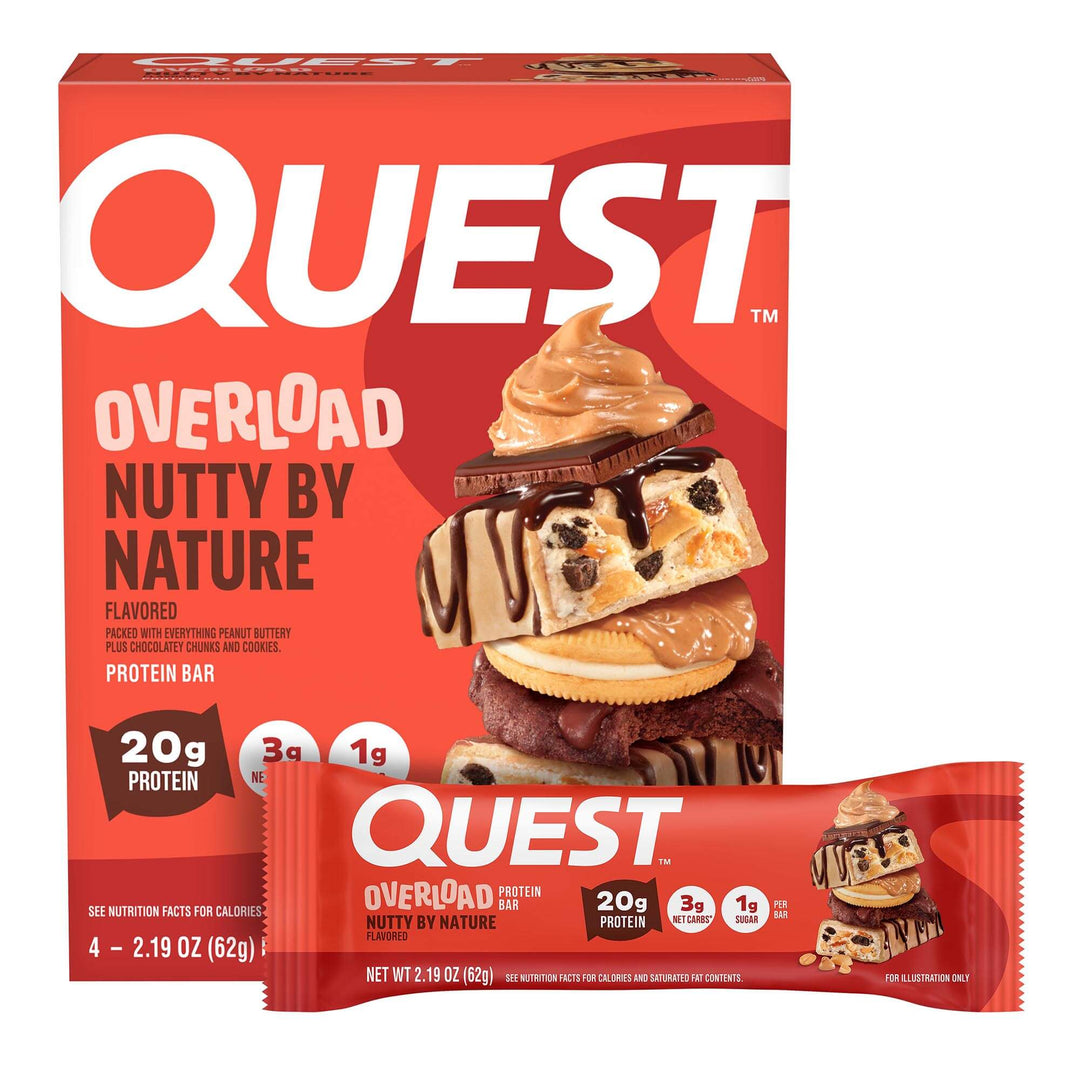Quest Overload Nutty by Nature protein bar packaging on a white background