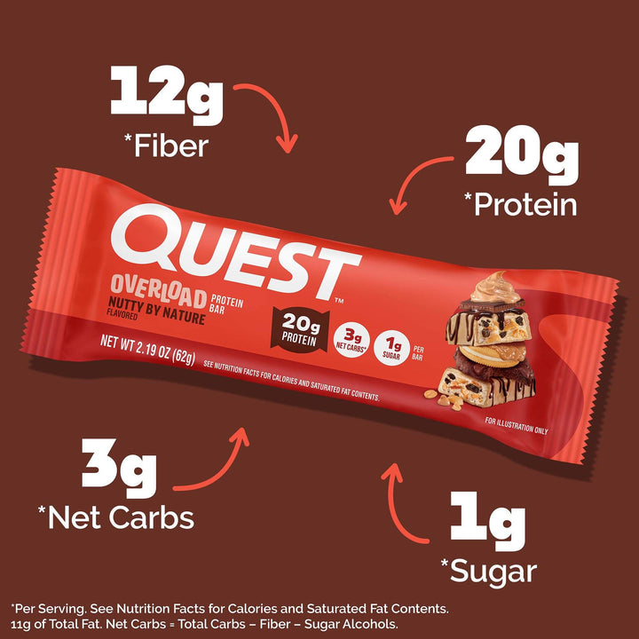 Quest protein bar packaging with nutritional information on a brown background