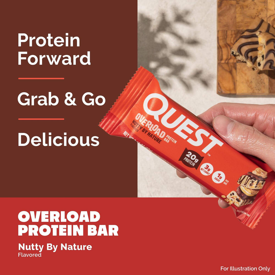 Quest protein bar being held with promotional text on a brown and red background