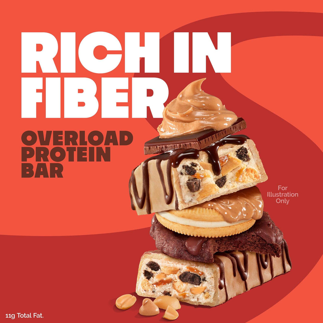 Stack of protein bars with a red background and text about fiber content.