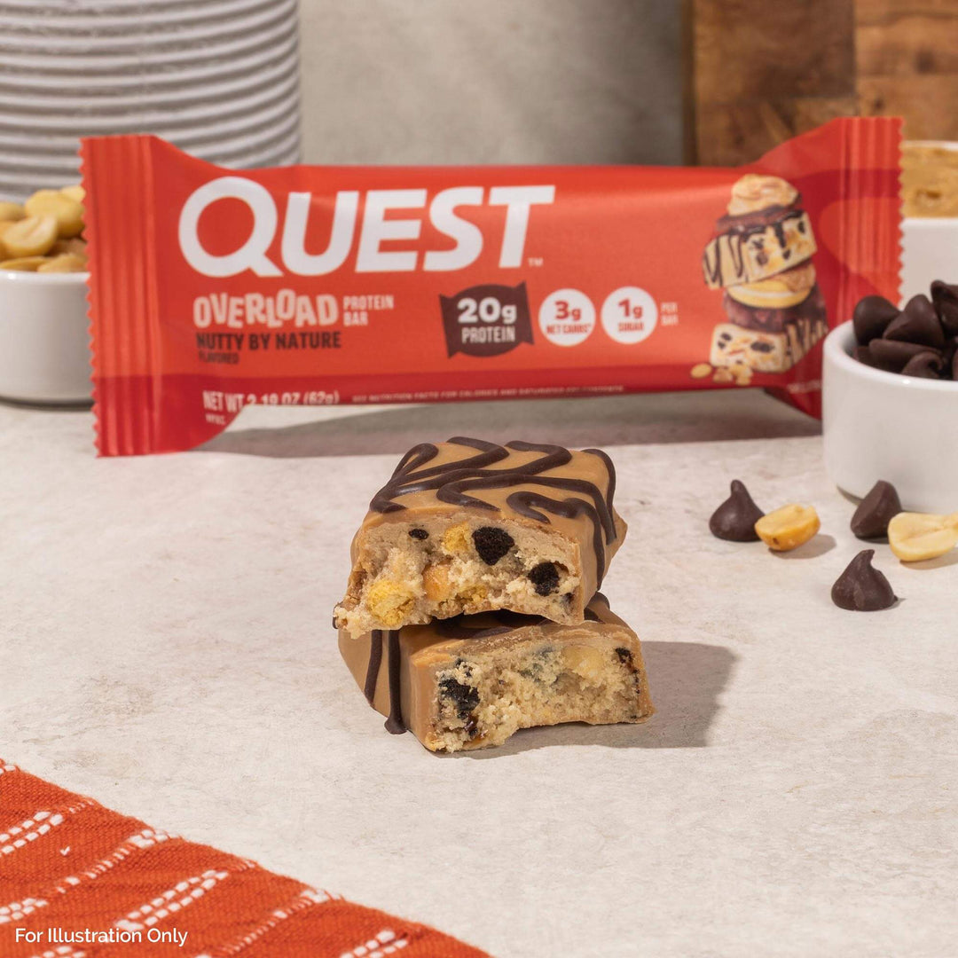 Quest protein bar with packaging on a neutral background