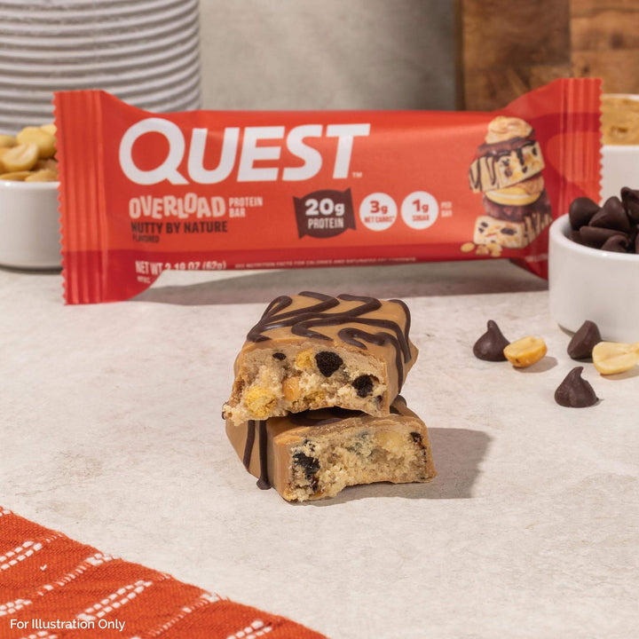 Quest protein bar with packaging on a neutral background