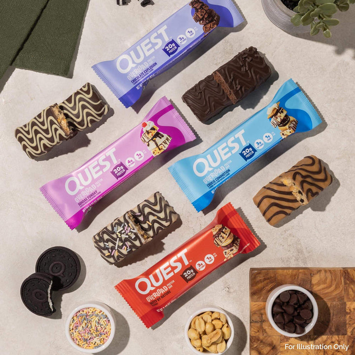 Quest protein bars in various flavors on a neutral background with ingredients.