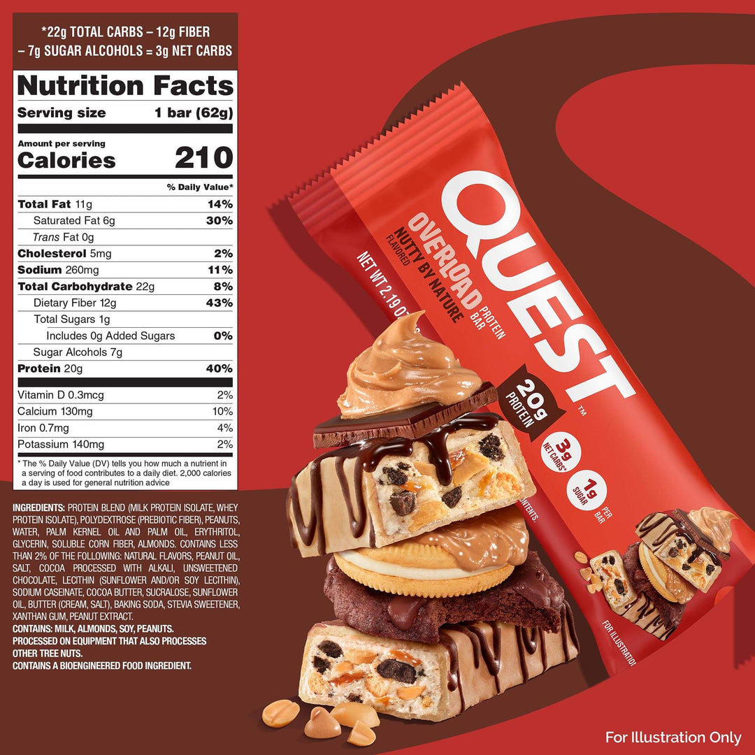 Quest protein bar packaging with nutrition facts label on a red background