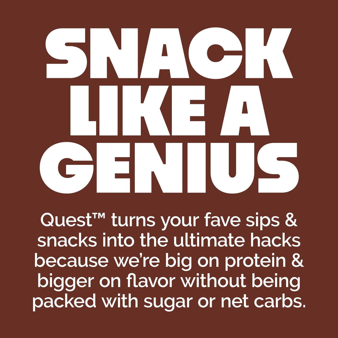 Promotional text for Quest snacks on a brown background