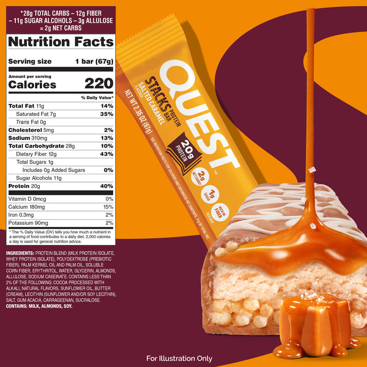 Quest protein bar in salted caramel flavor, shown sliced with caramel drizzle. Nutritional label indicates 20g protein and 1g sugar per bar.