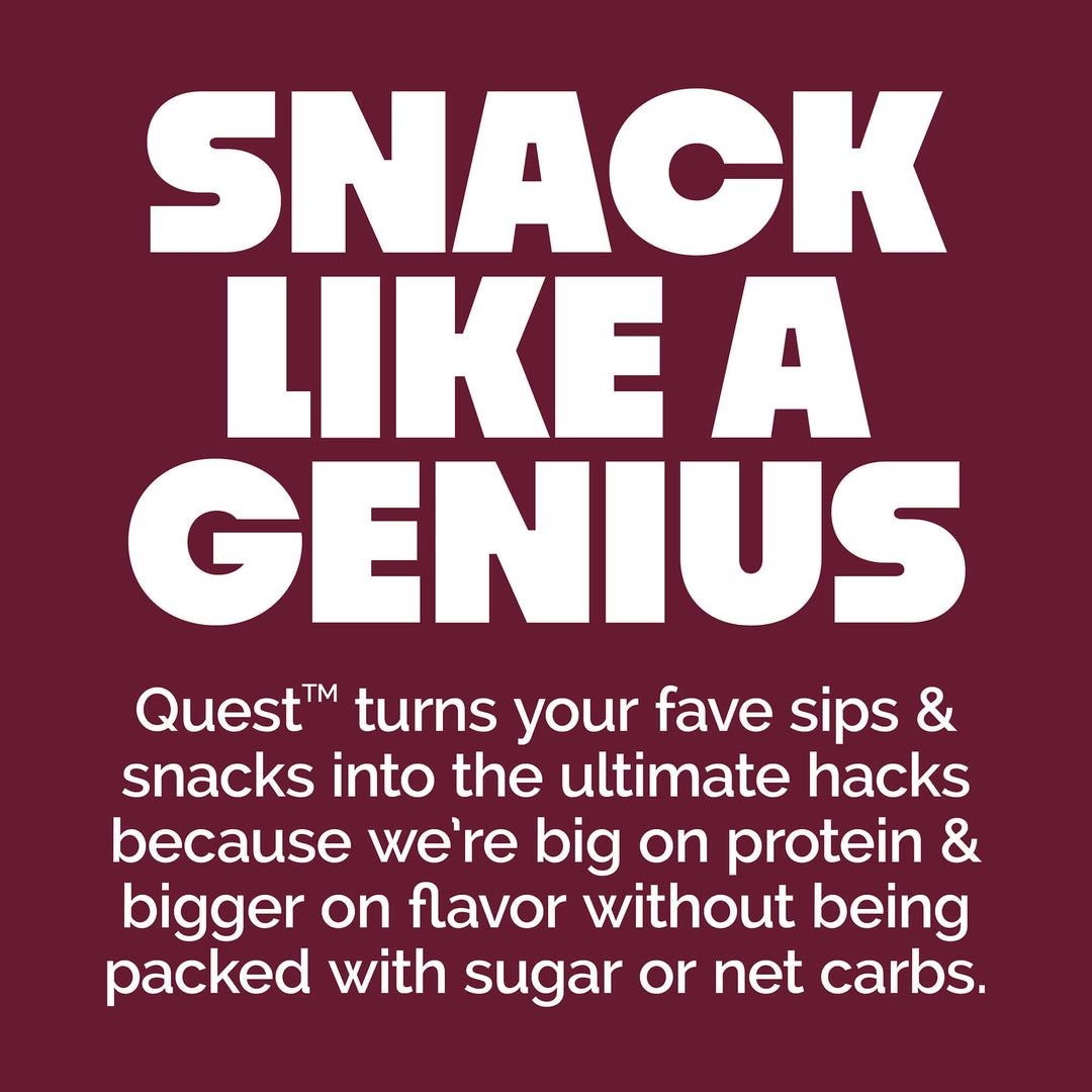 Bold white text on a maroon background reads, "SNACK LIKE A GENIUS." Below, smaller text describes Quest snacks as high-protein and low in sugar.