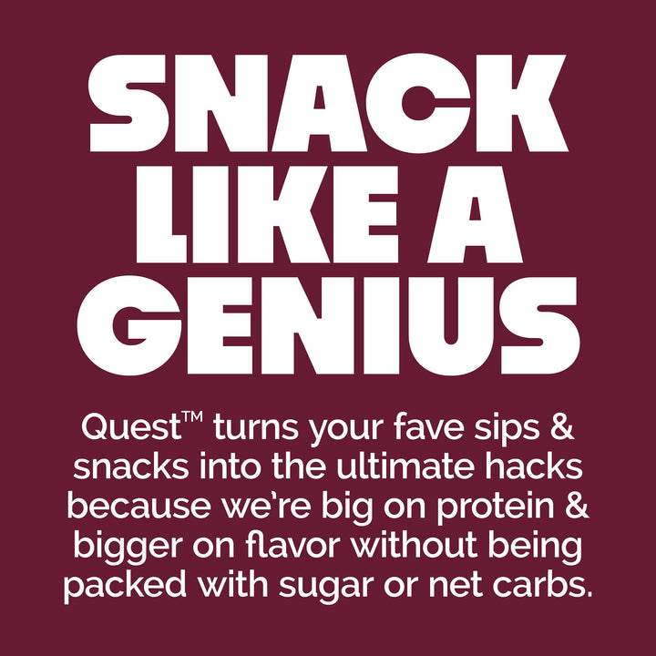 Bold white text on a maroon background reads, "SNACK LIKE A GENIUS." Below, smaller text describes Quest snacks as high-protein and low in sugar.