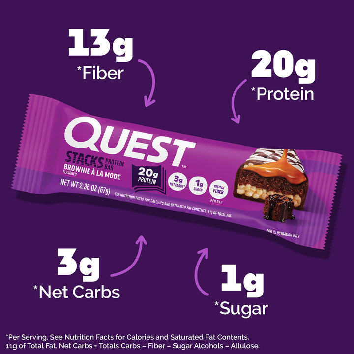 Purple-themed ad featuring a Quest protein bar, “Brownie A La Mode” flavor. Highlights include 20g protein, 13g fiber, 3g net carbs, and 1g sugar.