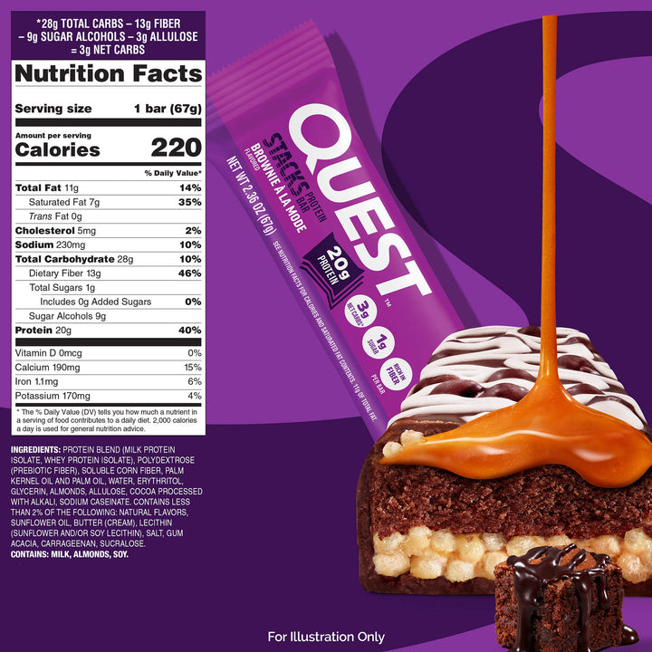 Quest protein bar packaging with nutrition facts on the left and a chocolate bar topped with caramel drizzle on the right. Purple theme, indulgent tone.