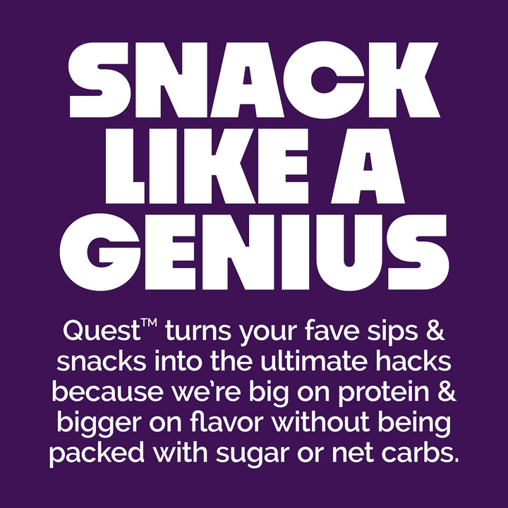 Bold white text on a purple background reads "Snack Like a Genius." Below, smaller text describes Quest's protein-rich snacks without added sugar.