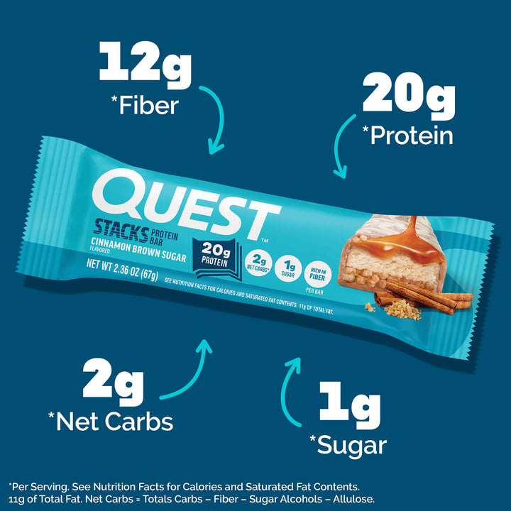 Blue Quest protein bar package for Cinnamon Brown Sugar flavor with nutritional details: 20g protein, 12g fiber, 2g net carbs, 1g sugar.