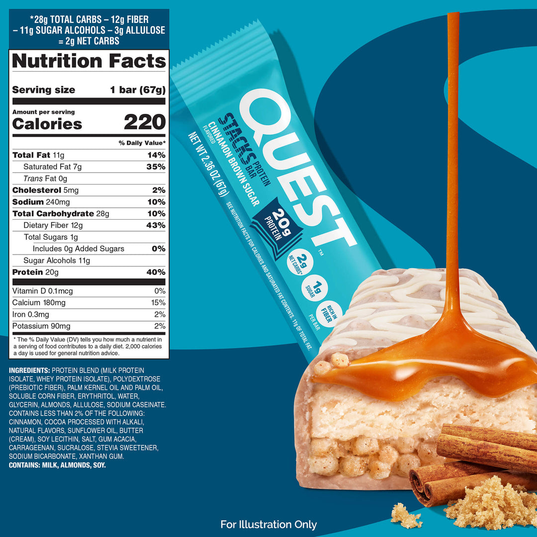 Quest protein bar in teal packaging, displayed with caramel drizzling over a cinnamon-flavored bar. Nutrition facts to the left, emphasizing low carbs.