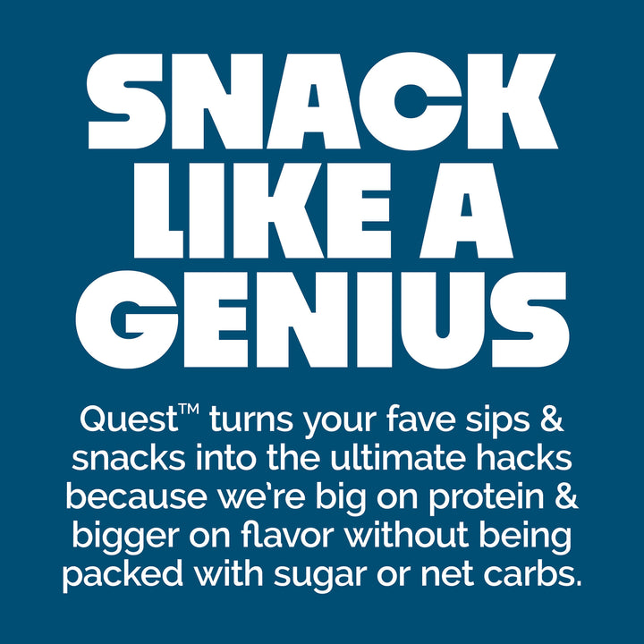 Bold white text on a blue background reads, "SNACK LIKE A GENIUS." Smaller text explains Quest snacks are high protein, flavorful, low sugar and carbs.
