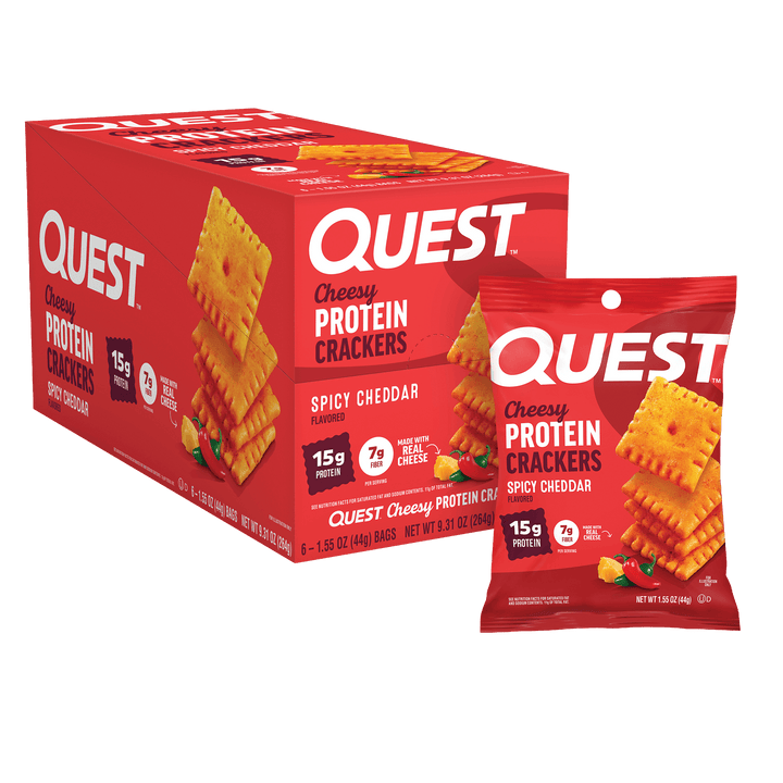Red Quest Cheesy Protein Crackers packaging with a smaller individual package 