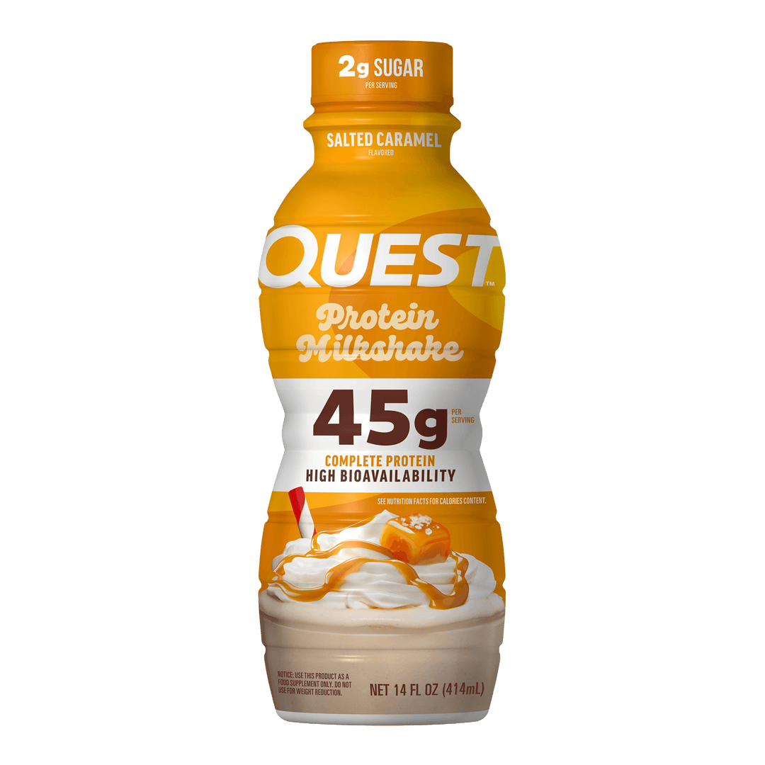 A bottle of Quest Protein Milkshake in Salted Caramel flavor, featuring a bright yellow and white label with a graphic of a vanilla milkshake topped with caramel drizzle.