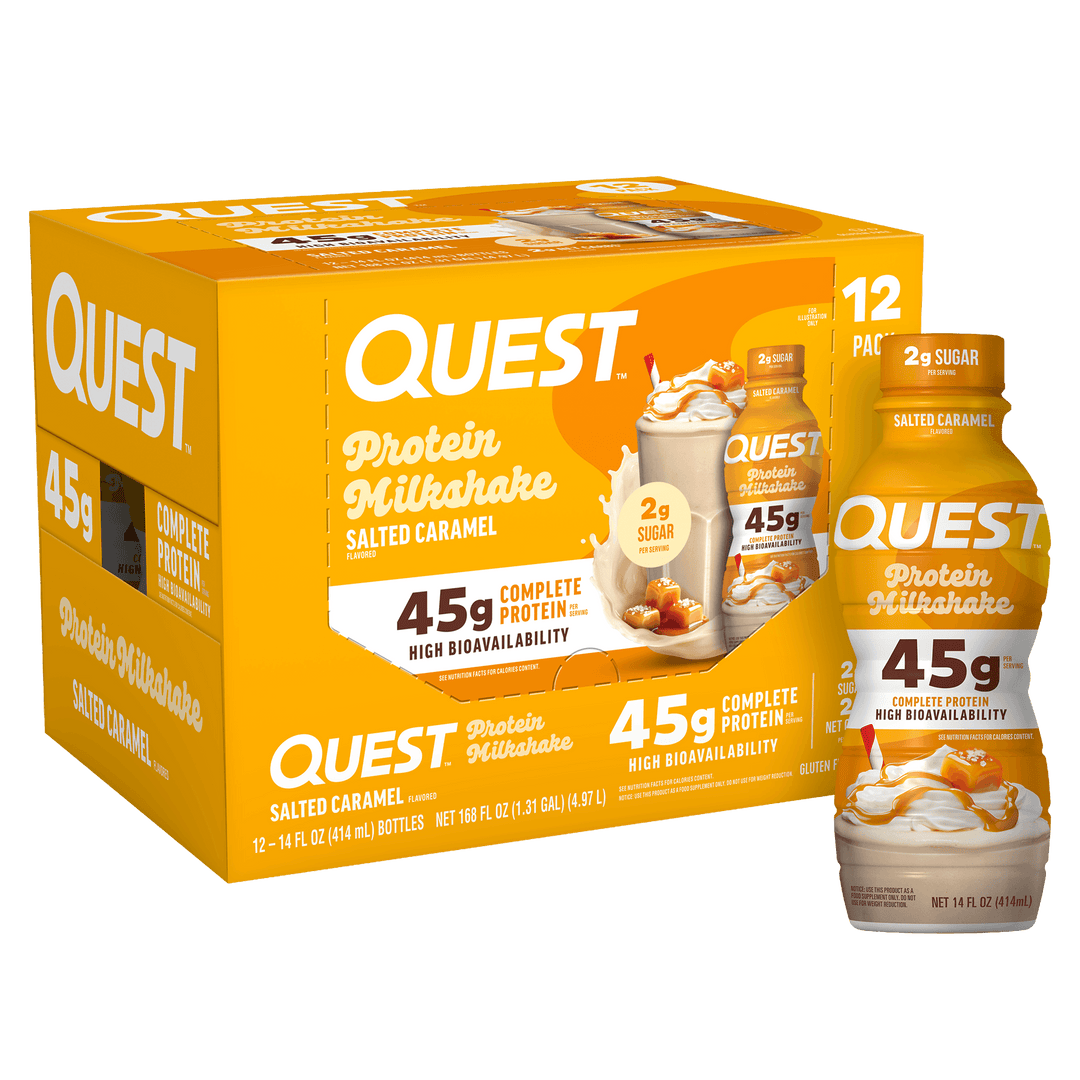 A box and individual bottle of Quest Protein Milkshake Salted Caramel protein powder on a solid black background.