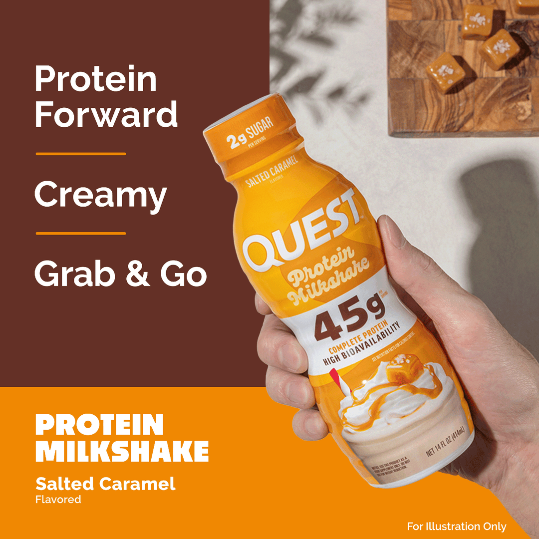 A hand holds a bottle of Quest Protein Milkshake in Salted Caramel flavor. The bottle is orange and white with a caramel swirl graphic.