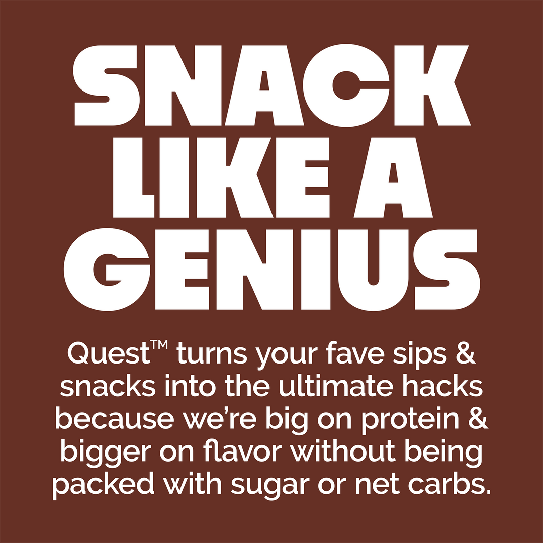 SNACK LIKEA GENIUS
Quest™ turns your fave sips & snacks into the ultimate hacks because we're big on protein & bigger on flavor without being packed with sugar or net carbs.. Promotional text for Quest snacks on a purple background