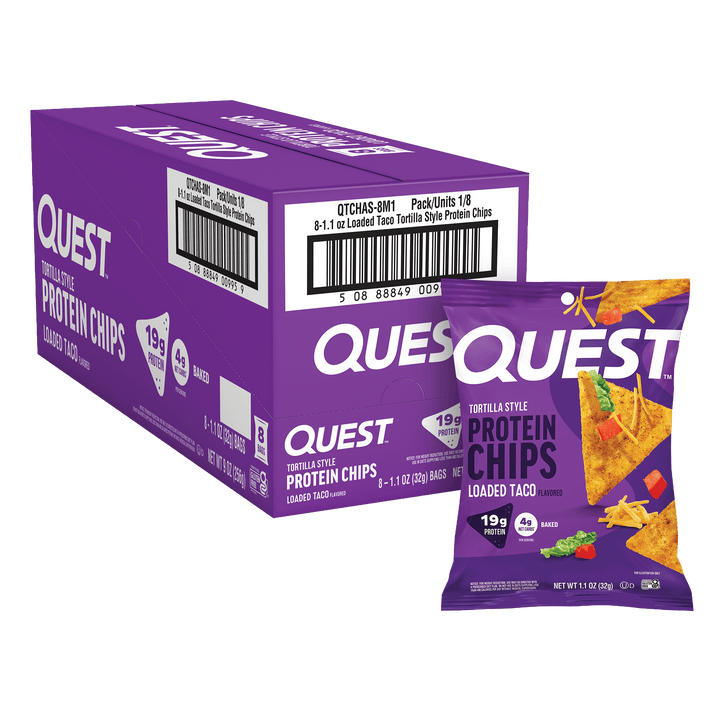 Purple packaging of Quest Tortilla Style Protein Chips, labeled "Loaded Taco." Box and single bag display with nutrition highlights: 19g protein and 4g net carbs.
