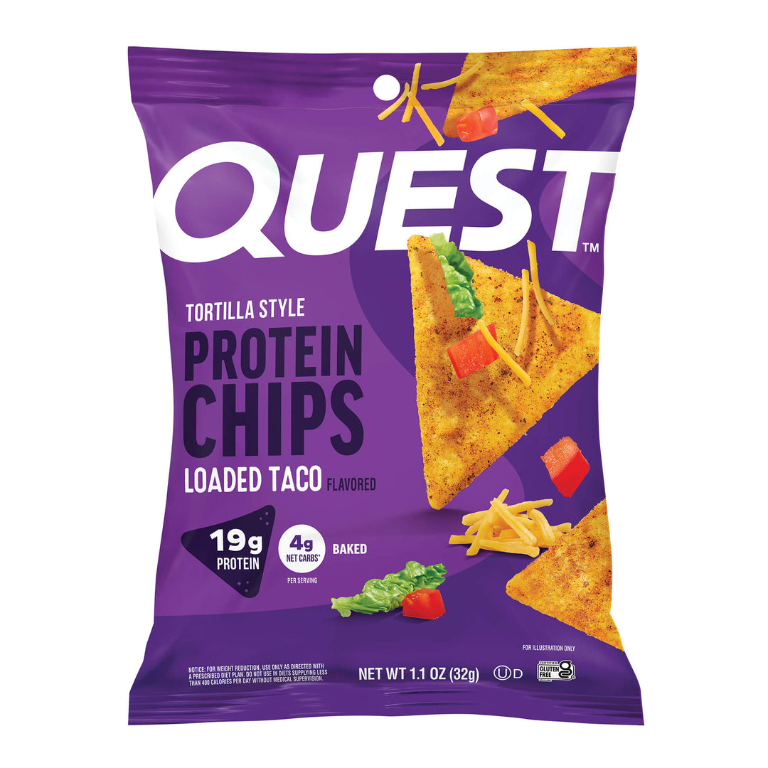 Purple bag of Quest Tortilla Style Protein Chips in Loaded Taco flavor, featuring images of chips, cheese, lettuce, and red peppers. Contains 19g protein.