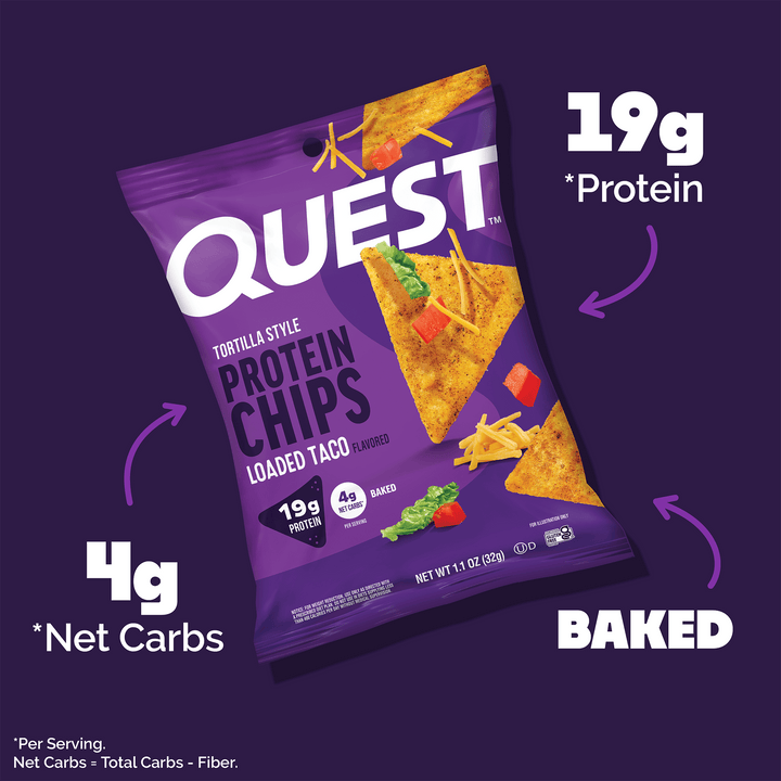 Purple bag of Quest Tortilla Style Protein Chips, Loaded Taco flavor, with highlighted text showing 19g protein, 4g net carbs, and baked feature.