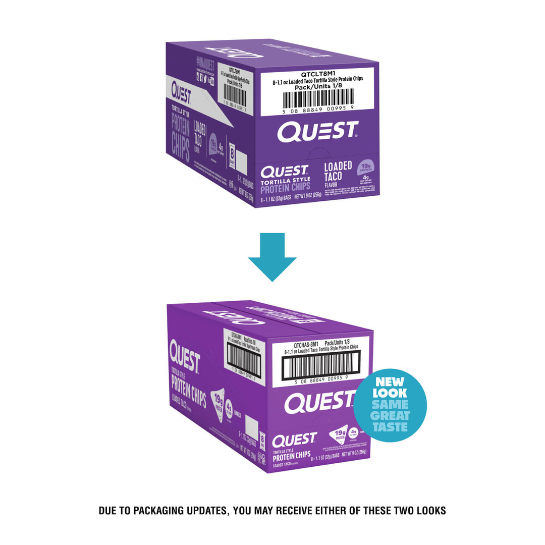 Purple packaging of Quest Tortilla Style Protein Chips with "Loaded Taco" flavor shown in two styles. Blue arrow indicates design update.