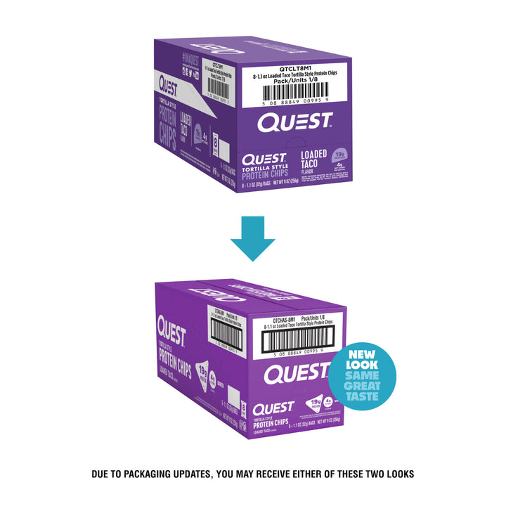 Purple packaging of Quest Tortilla Style Protein Chips with "Loaded Taco" flavor shown in two styles. Blue arrow indicates design update.
