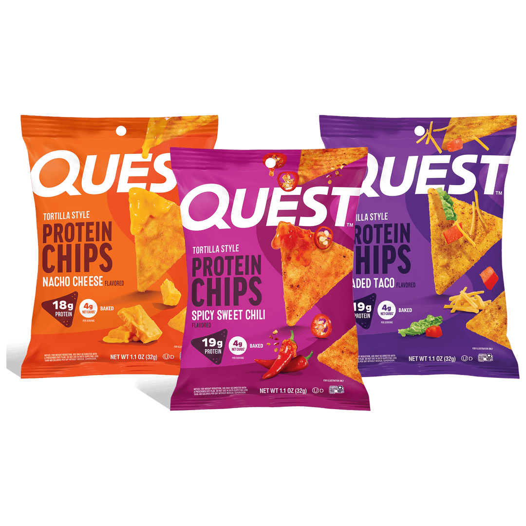 Quest best-selling protein chips including Nacho Cheese, Spicy Sweet Chili, and Loaded Taco flavors.