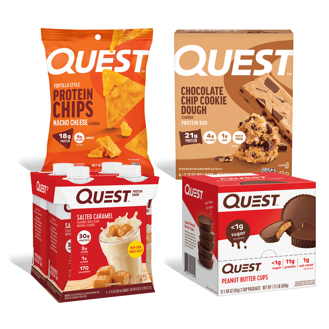 A group of Quest-branded snack and protein products on a plain white background: an orange bag of protein chips, a brown box of chocolate chip cookie dough, a red carton of salted caramel protein powder, and a red box of peanut butter cups protein powder.