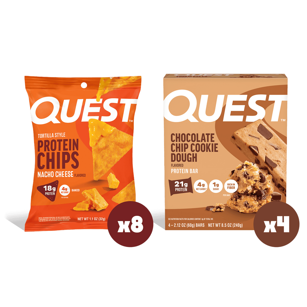 A product bundle showing a bag of Quest Protein Chips Nacho Cheese flavor and a box of Quest Chocolate Chip Cookie Dough protein bar, with quantity multipliers x8 and x4 displayed below.