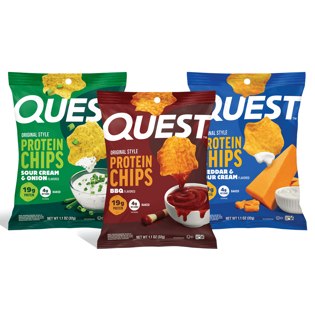 Three bags of Quest Protein Chips arranged together on a white background: Sour Cream & Onion in green, BBQ in dark red/burgundy, and Edged & Crumbled Blue Cheese in blue. The center bag is slightly forward and larger.