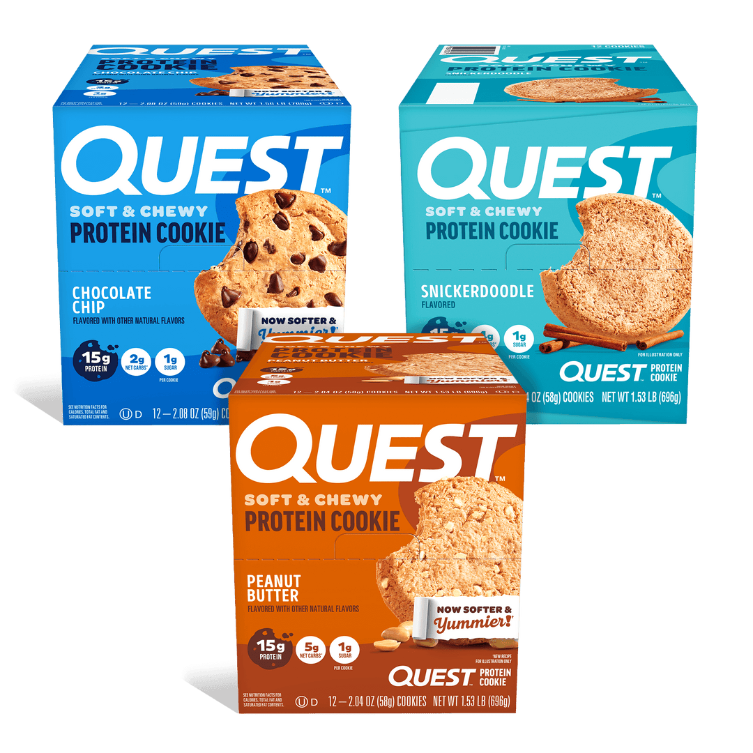 Three boxes of Quest protein cookies on a black background. Flavors: Chocolate Chip, Snickerdoodle, and Peanut Butter, each labeled "Soft & Chewy."
