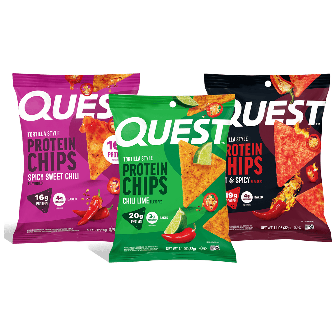 Quest spicy protein chips assortment featuring Spicy Sweet Chili, Chili Lime, and Hot & Spicy flavors.