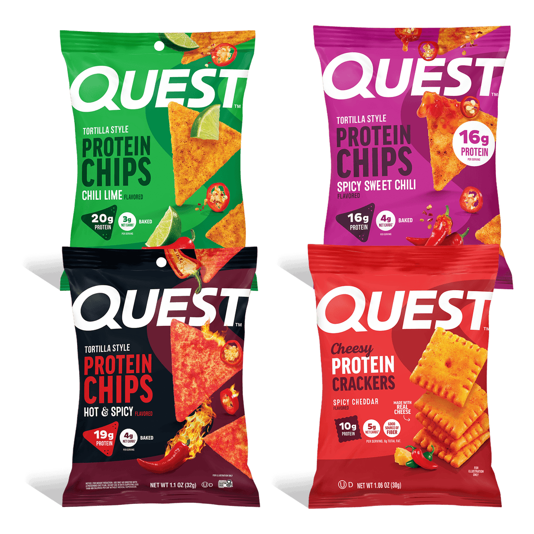Quest spicy snack collection featuring Chili Lime and Spicy Sweet Chili Protein Chips with Spicy Cheddar Protein Crackers.