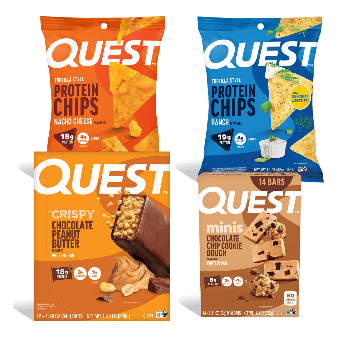 Quest sweet and savory snack collection featuring Nacho Cheese Protein Chips, Ranch Protein Chips, Crispy Protein Bars, and Minis Protein Bars.