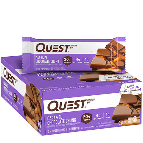 A box of 12 Quest Caramel Chocolate Chunk Protein Bars.